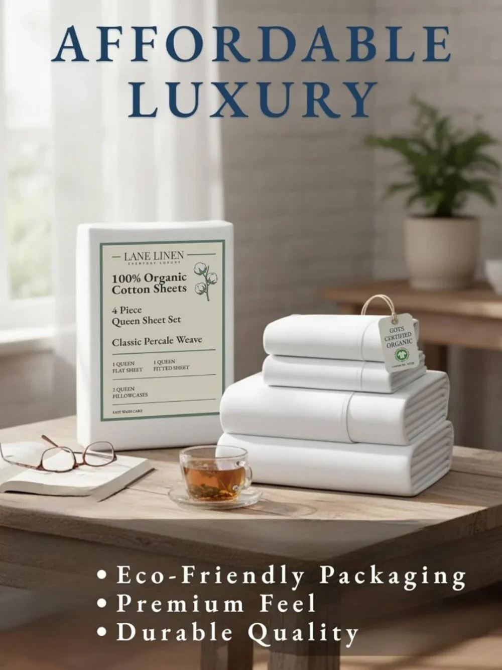 Queen Size 4pc Organic Cotton Linen Sheets Set - Cooling Percale, White